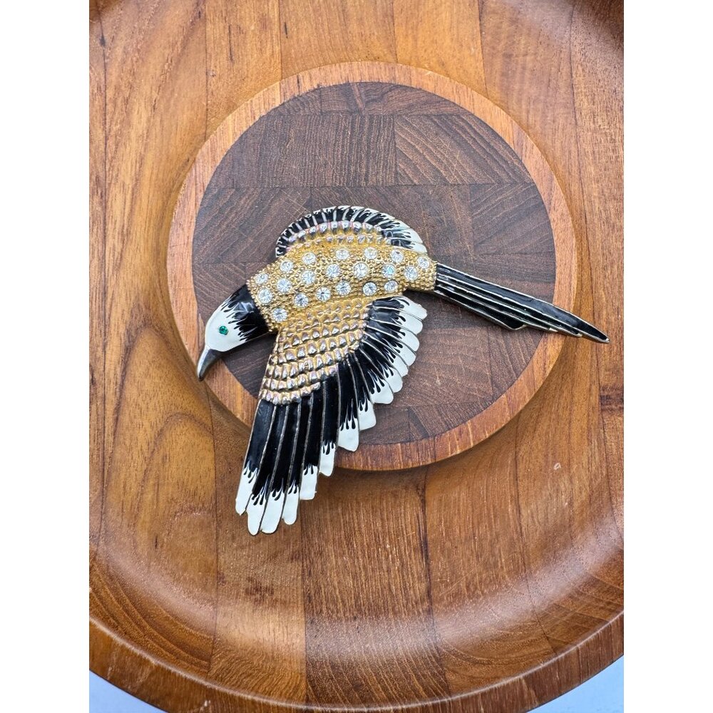 Large Stylized Bird Brooch Encrusted Rhinestones Goldtone Black White Enamel Pin - Picture 2 of 5